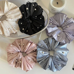 Jumbo Plissé Satin & Pearl Scrunchie (7 Inch) - TEVQA