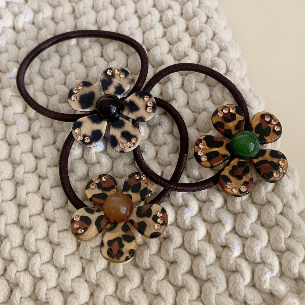 Acetate Leopard Flower Charm Hair Tie with Rhinestones (2.2 Inch)