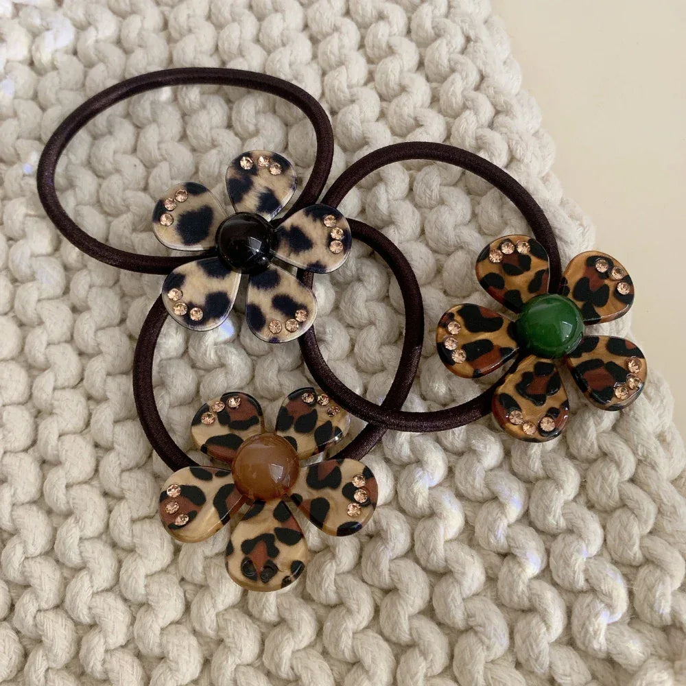 Acetate Leopard Flower Charm Hair Tie with Rhinestones (2.2 Inch) - TEVQA
