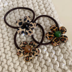 Acetate Leopard Flower Charm Hair Tie with Rhinestones (2.2 Inch)