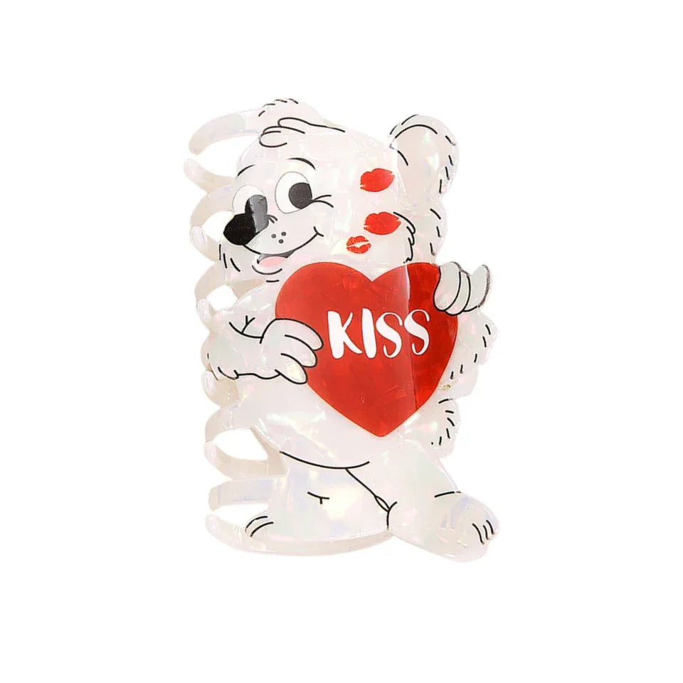 Whimsical "Kiss" Heart Bear Acrylic Hair Claw (3.9 Inch) - TEVQA Main image