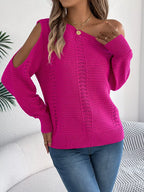 White Hollow Out Cold Shoulder Knit Sweater - TEVQA