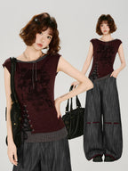 Vintage Grunge Faux Two-Piece Lace-Up Tank Top Burgundy