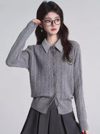 Navy Faux Layered Striped Collar Cable Knit Top - View 6 | TEVQA