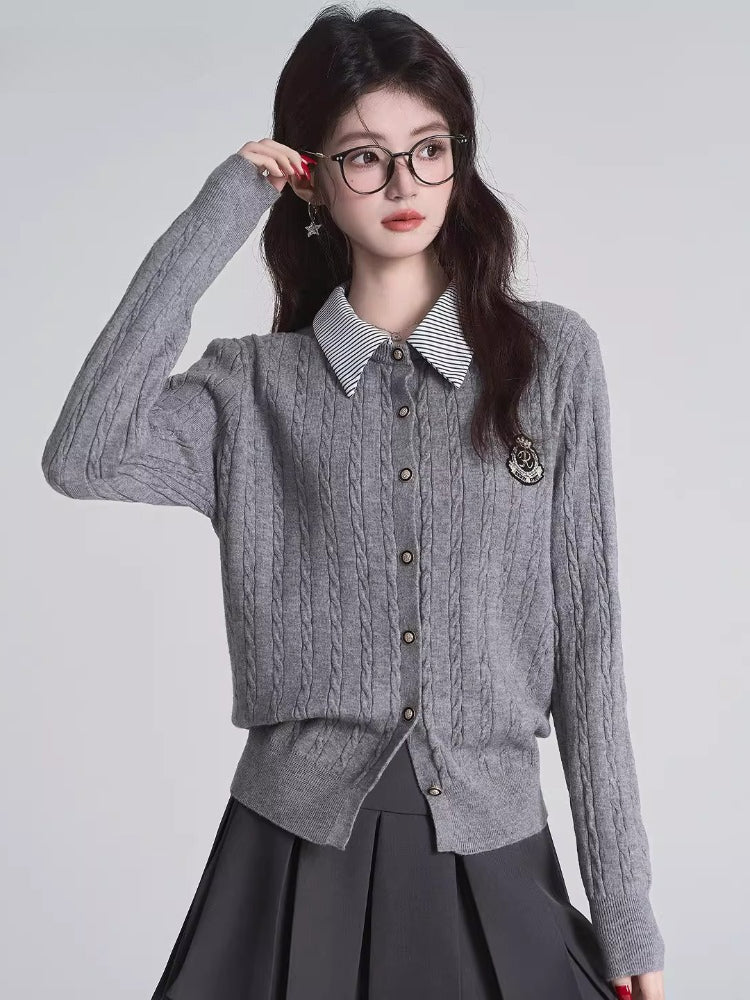 Navy Faux Layered Striped Collar Cable Knit Top - View 6 | TEVQA