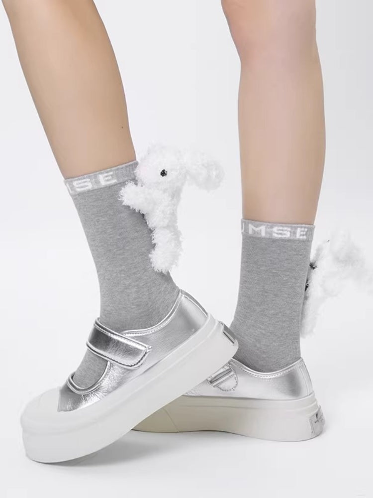 Black cotton crew socks with a 3D fluffy white bunny embellishment and white embroidered lettering on the ribbed cuff. - View 11 | TEVQA