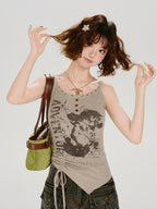 Vintage Graphic Ribbed Tank with Side Drawstring - Khaki