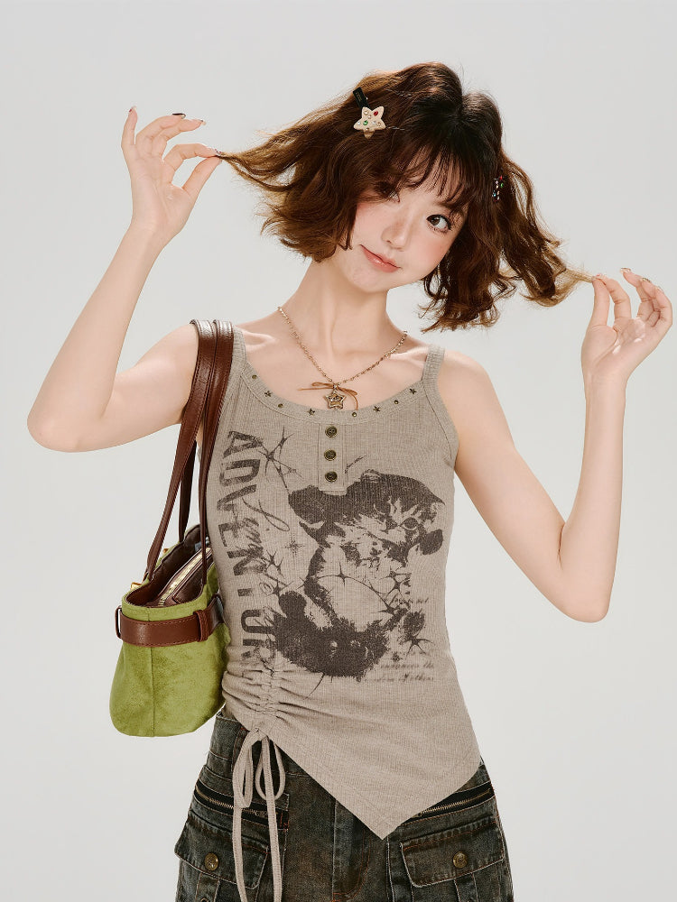 Vintage Graphic Ribbed Tank with Side Drawstring - Khaki