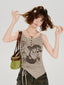 Vintage Graphic Ribbed Tank with Side Drawstring - Khaki