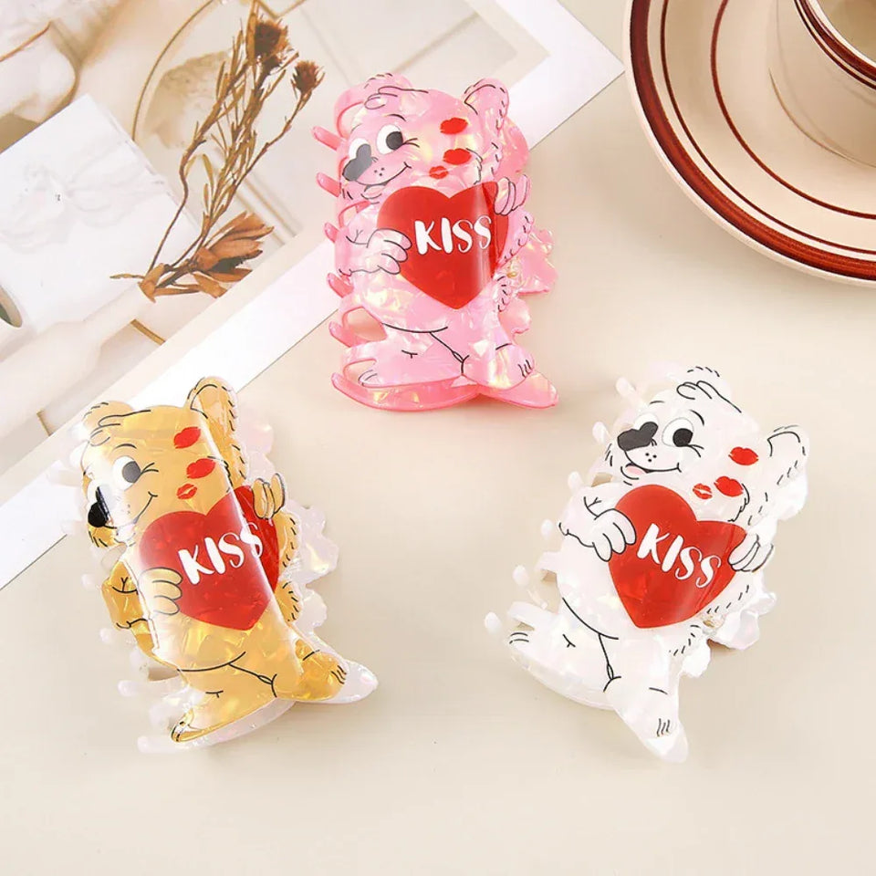 Whimsical "Kiss" Heart Bear Acrylic Hair Claw (3.9 Inch) - TEVQA Secondary image