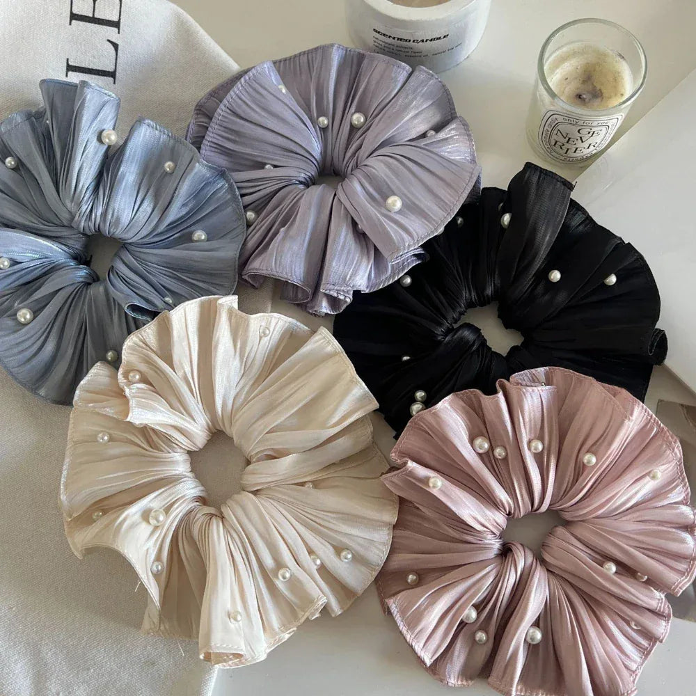 Jumbo Plissé Satin & Pearl Scrunchie (7 Inch) - TEVQA