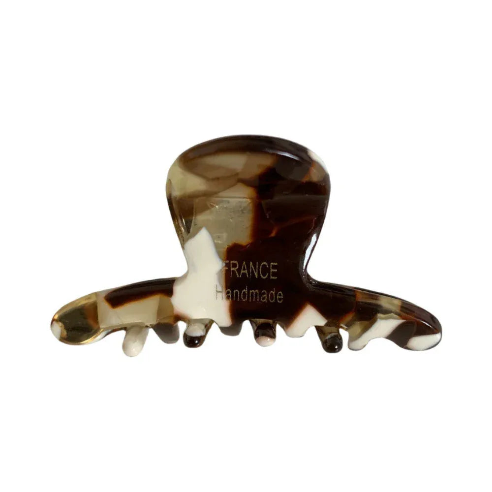 Brown and white marbled acetate claw hair clip with "FRANCE Handmade" inscription Main image