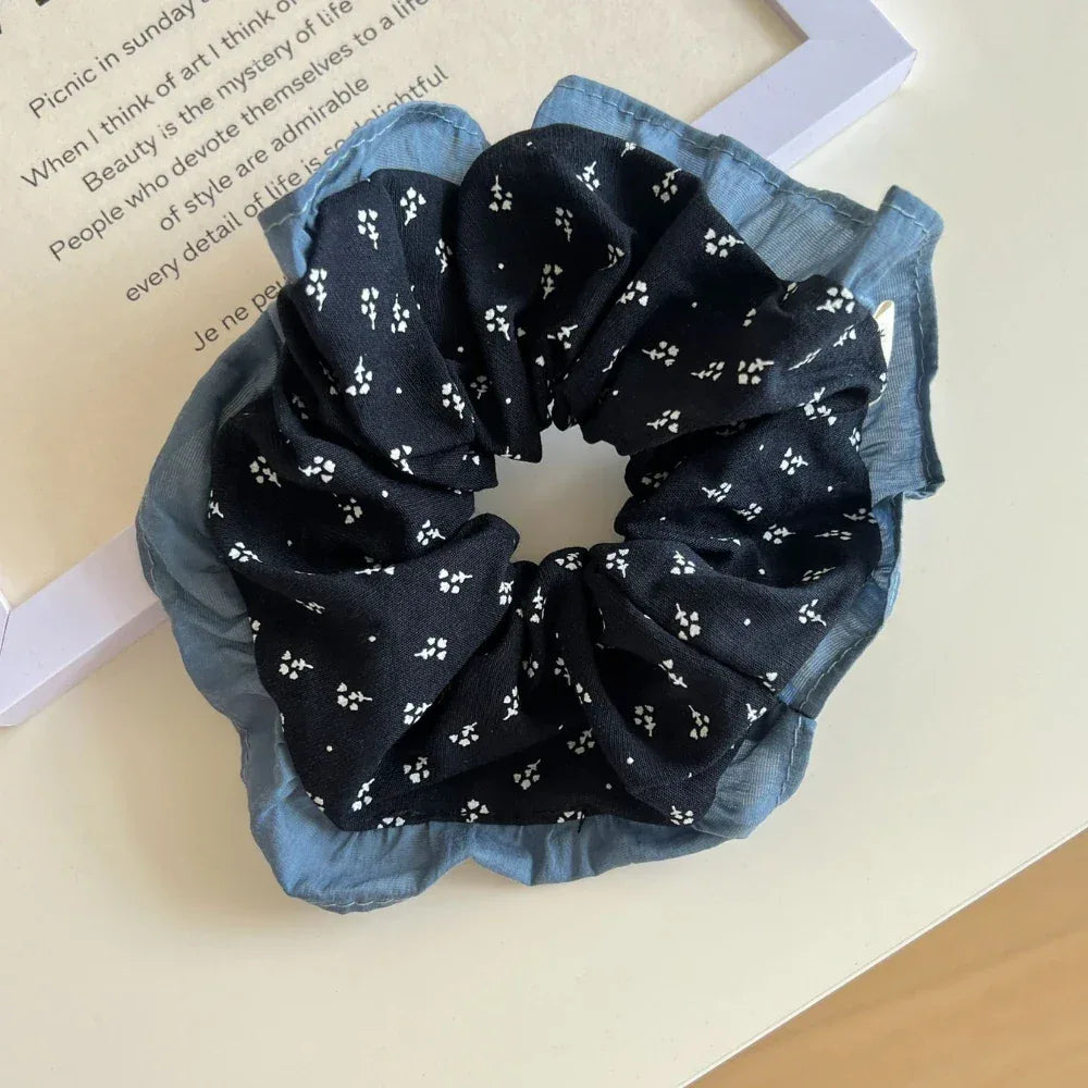 Large floral lace scrunchie with ruffled edges and eyelet trim - View 6 | TEVQA