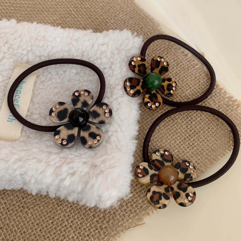 Acetate Leopard Flower Charm Hair Tie with Rhinestones (2.2 Inch)
