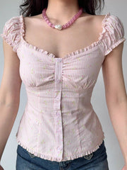 Pink Striped Ruffle Puff Sleeve Button Down Top