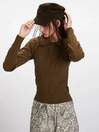 Vintage Brown Ribbed Knit Polo Sweater - TEVQA