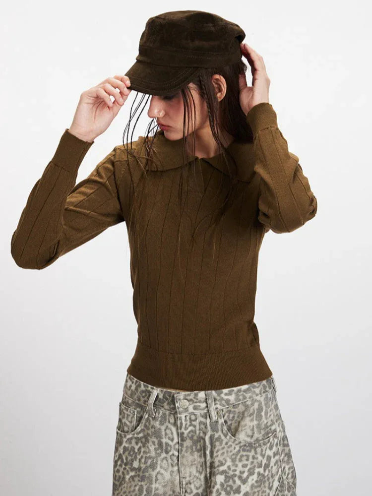 Vintage Brown Ribbed Knit Polo Sweater - TEVQA