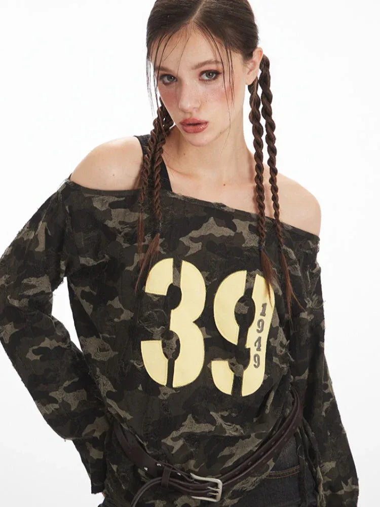 Y2K Grunge Camo Asymmetrical Long Sleeve Top - TEVQA