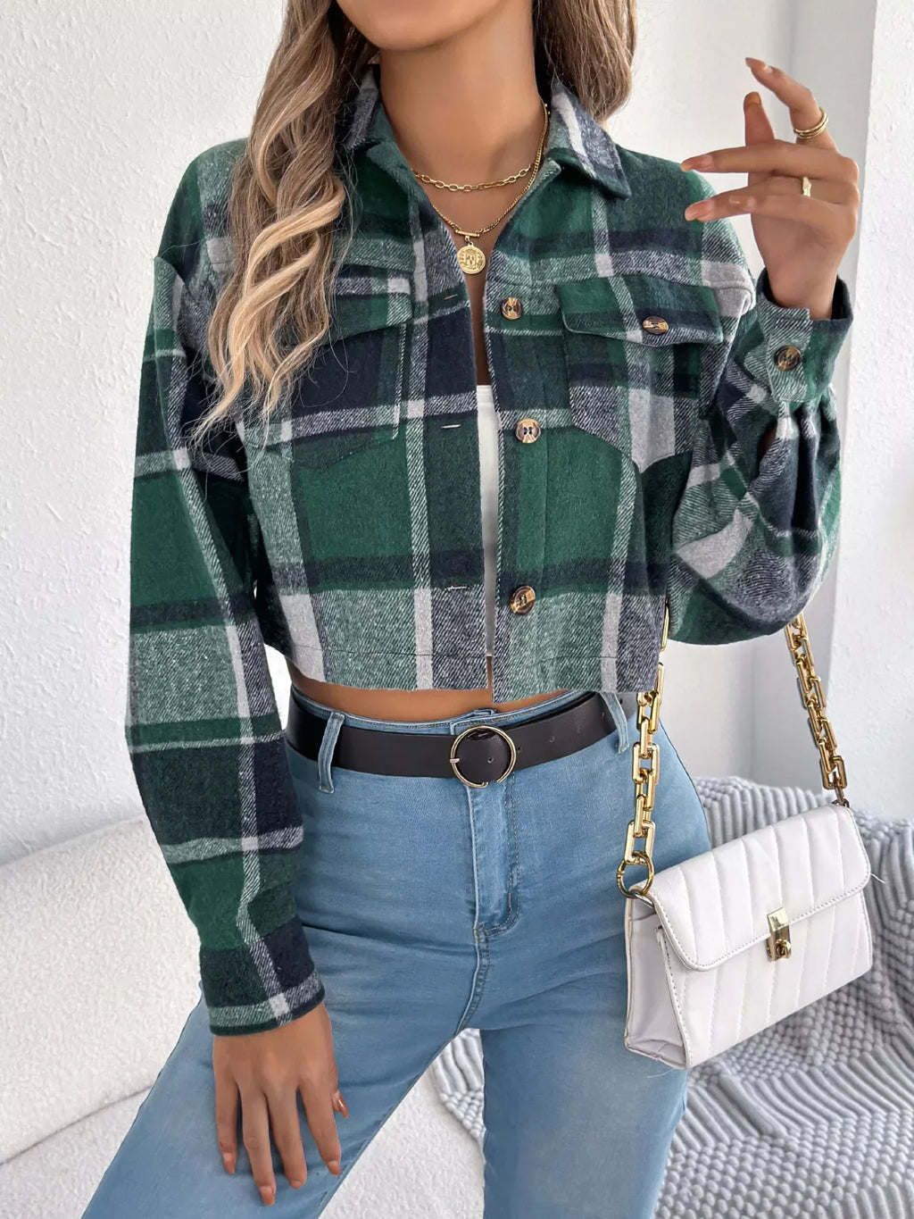Rust Plaid Cropped Shacket - View 17 | TEVQA