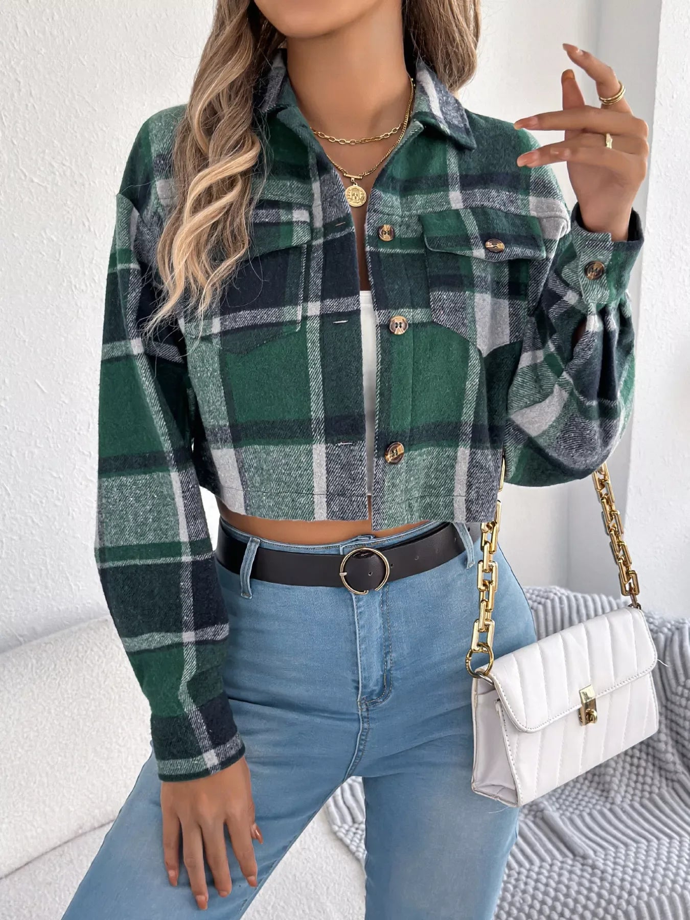 Rust Plaid Cropped Shacket - View 17 | TEVQA