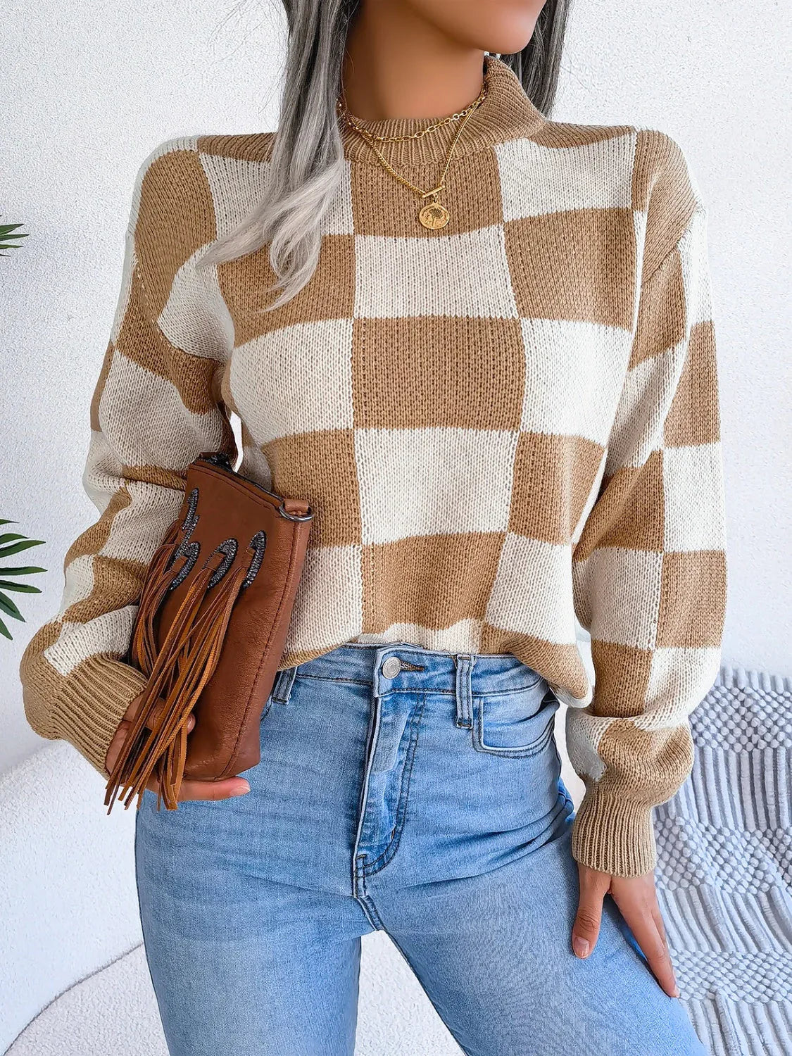 Black and white checkerboard knit mock neck sweater - View 11 | TEVQA