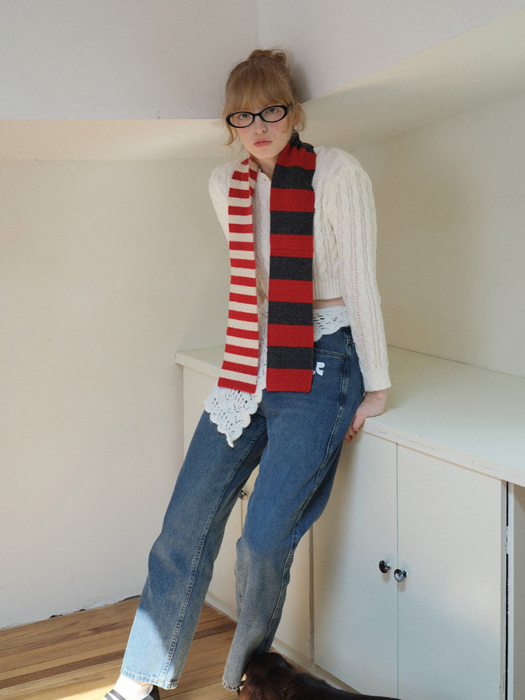 100% Merino Wool Striped Skinny Scarf - View 6 | TEVQA