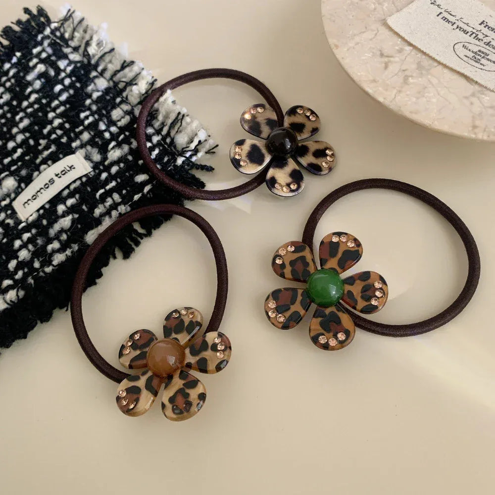 Acetate Leopard Flower Charm Hair Tie with Rhinestones (2.2 Inch) - TEVQA