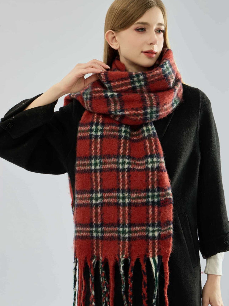 Women's Heavyweight Red Plaid Scarf Soft Faux Mohair Winter Wrap with Fringe Secondary image