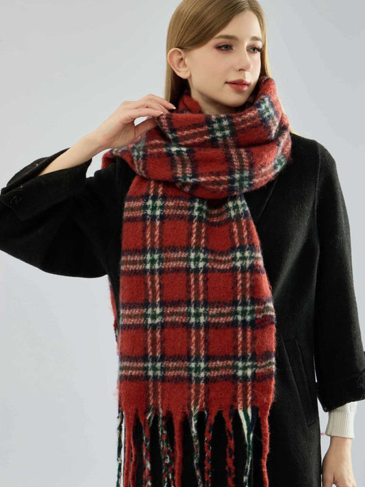 Women's Heavyweight Red Plaid Scarf Soft Faux Mohair Winter Wrap with Fringe