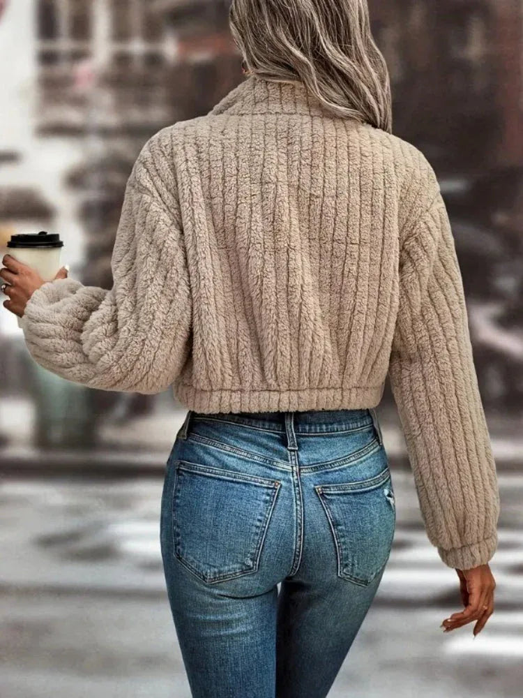 The Willow Ribbed Faux Sherpa Crop Jacket - TEVQA