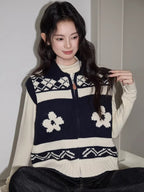 Navy floral geometric zip-up knit vest - View 6 | TEVQA