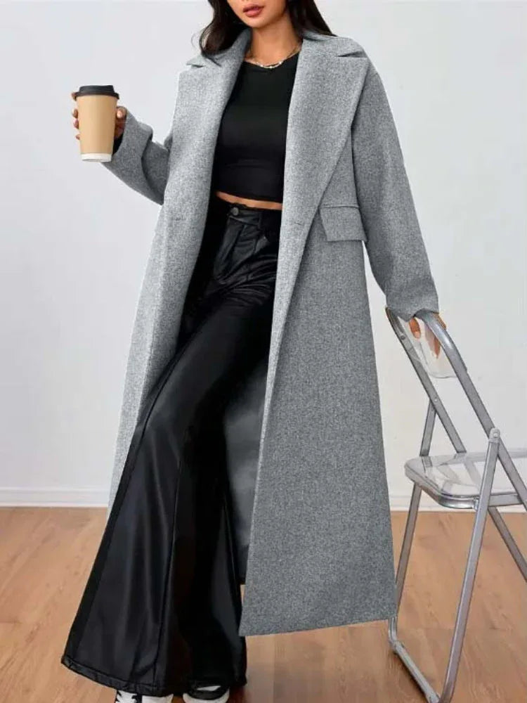 The Manhattan Grey Oversized Lapel Long Coat - TEVQA