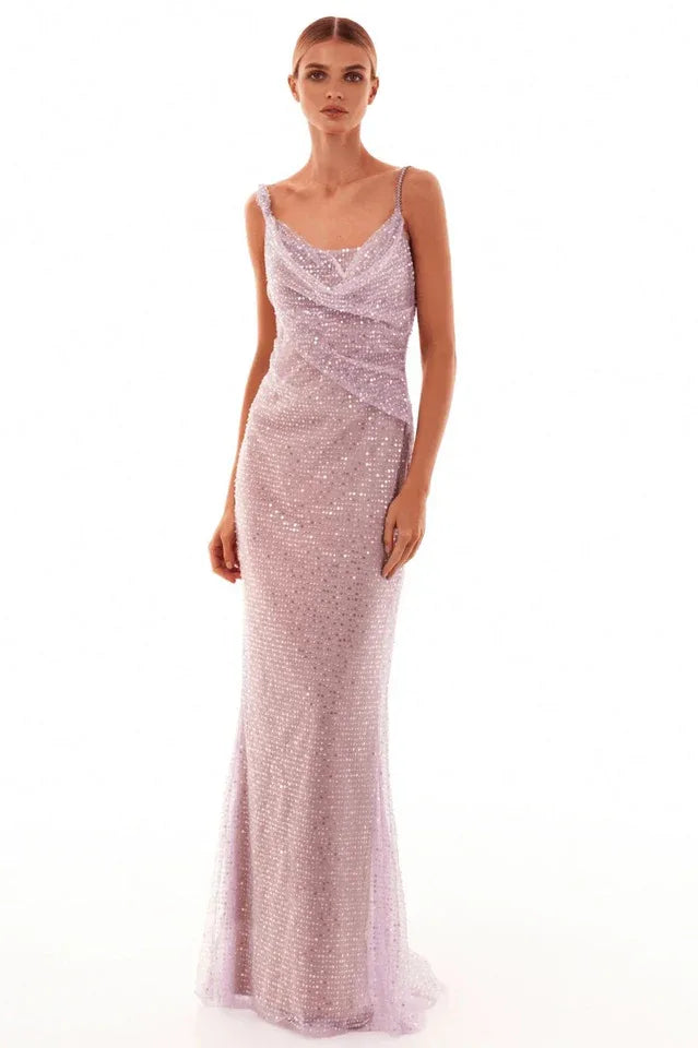 Ariarl Ruched Purple Sequins Maxi Dress - TEVQA