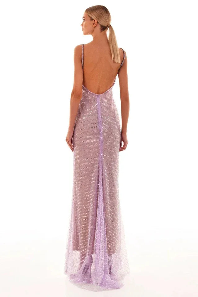 Ariarl Ruched Purple Sequins Maxi Dress - TEVQA