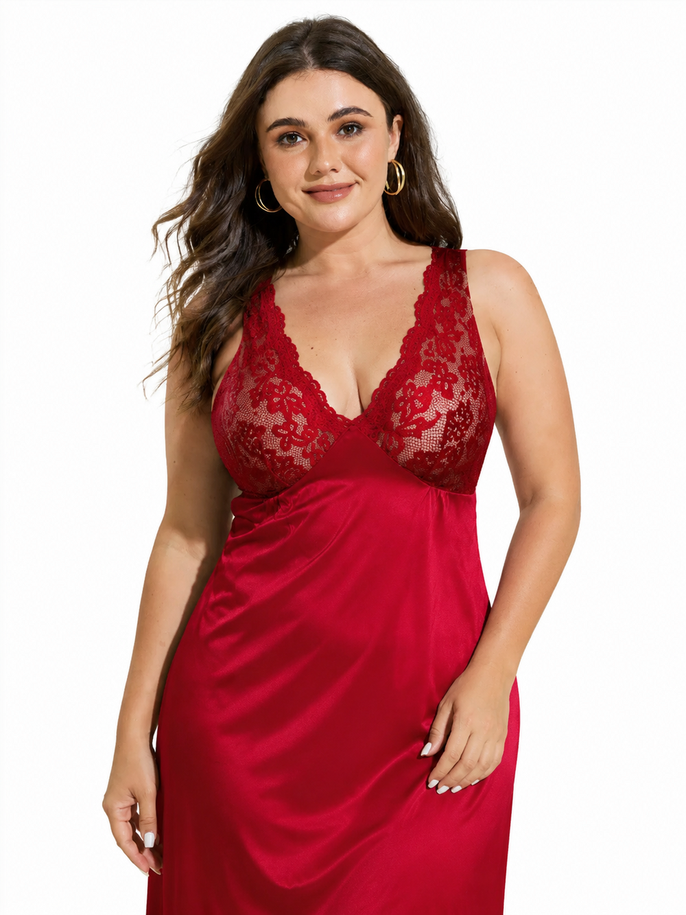 Full length satin nightgown with lace trim and V-neckline - View 6 | TEVQA