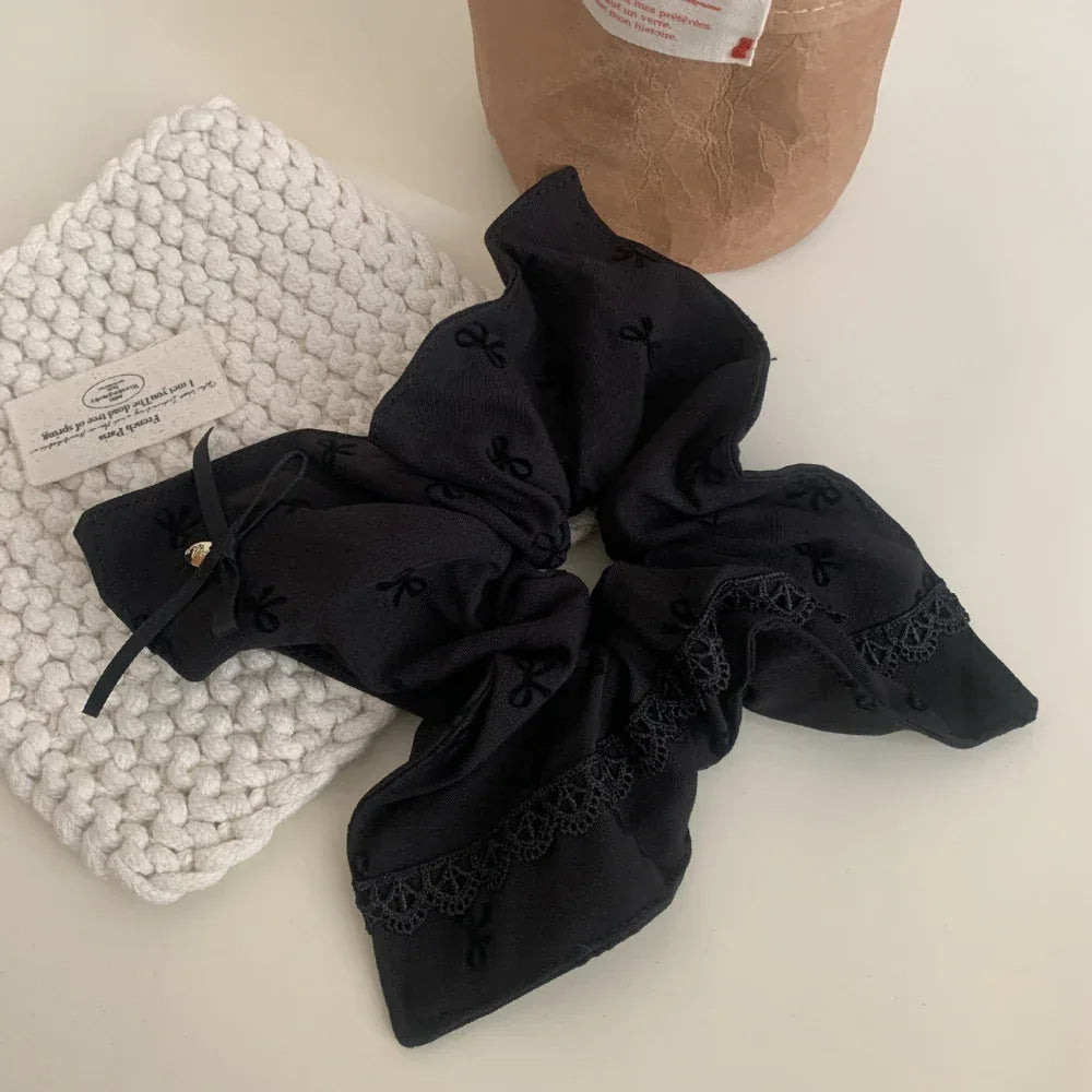 Oversized scarf scrunchie with lace trim and bow print - View 8 | TEVQA