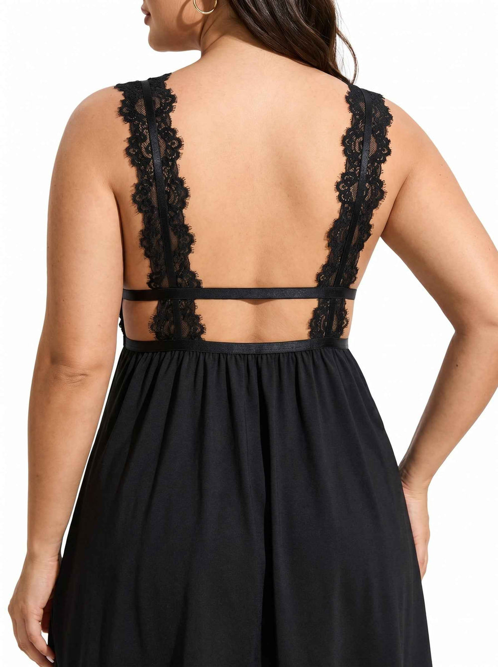 Black satin lace trim babydoll nightgown - View 7 | TEVQA