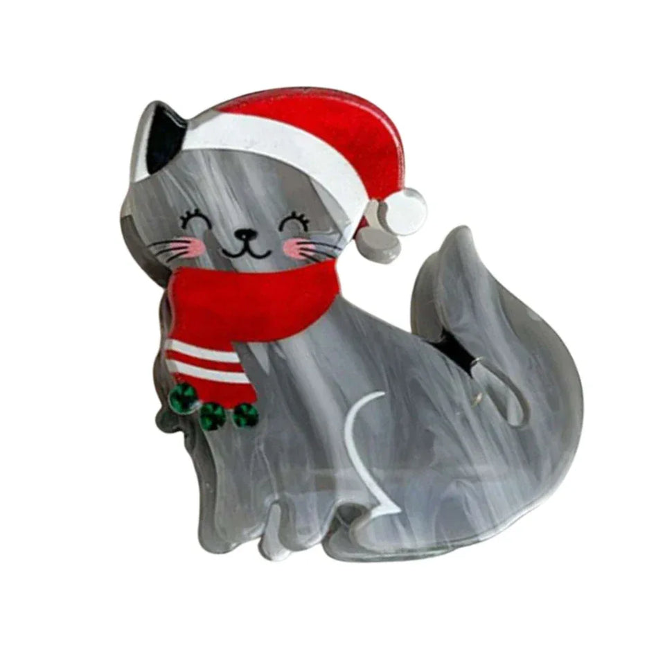 Festive gray cat wearing a Santa hat and red scarf, made of acrylic. Main image