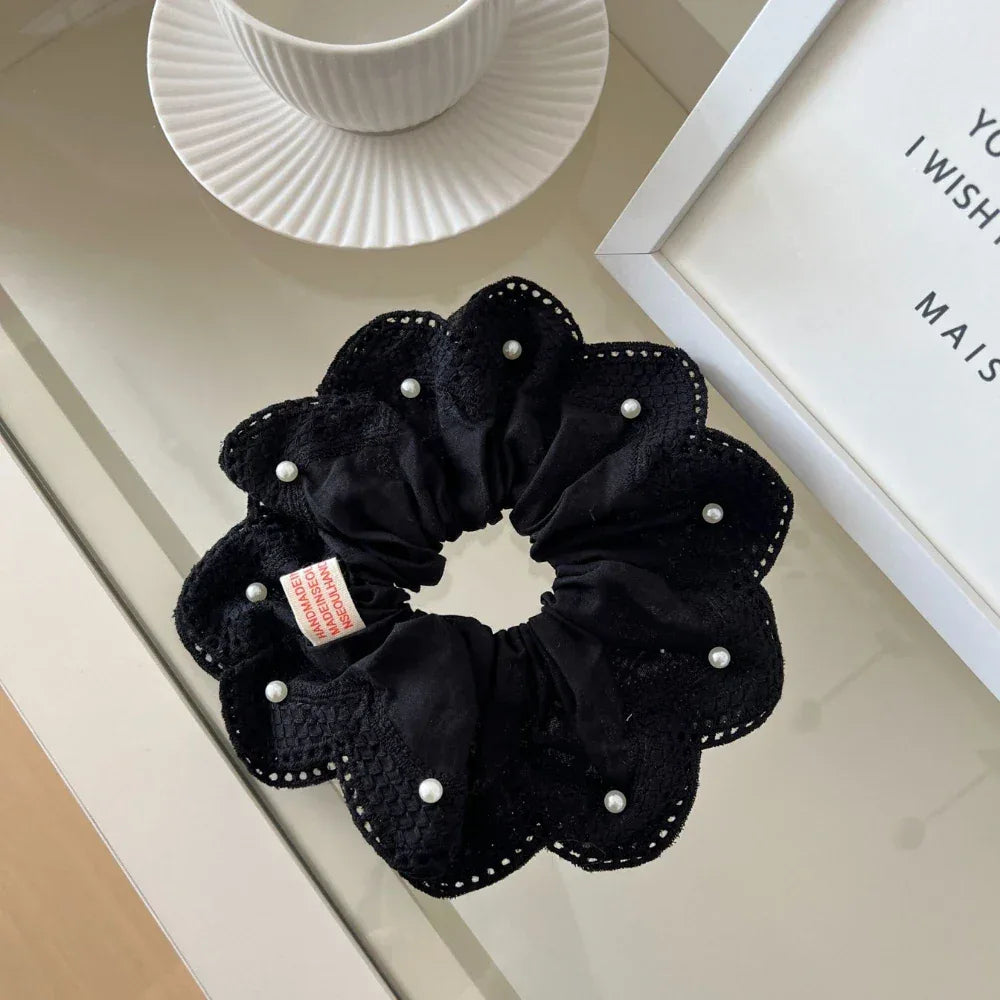 Oversized scrunchie with pearl and lace detailing - View 9 | TEVQA