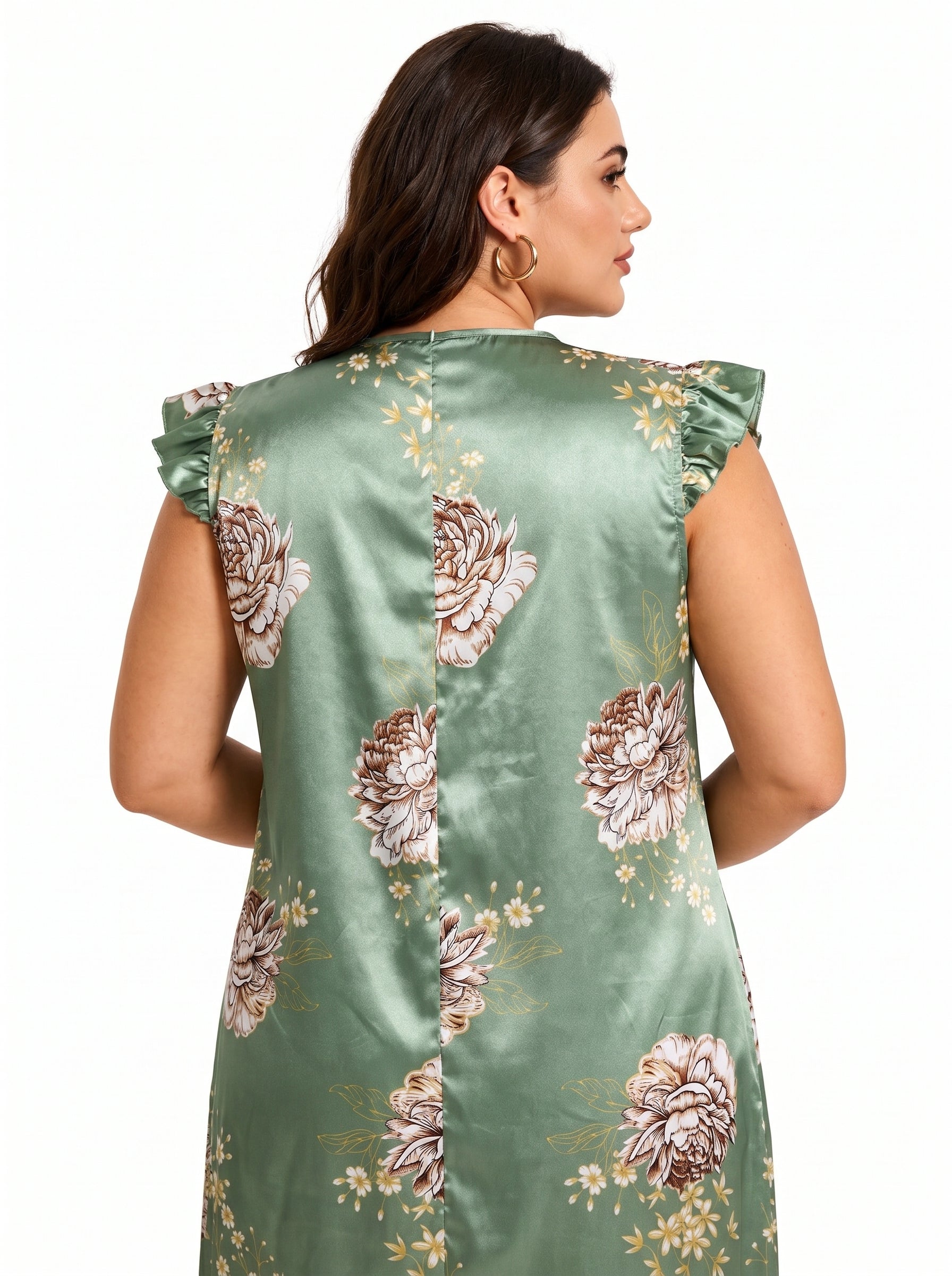 Floral print V-neck midi nightgown with lace trim and flutter sleeves - View 7 | TEVQA