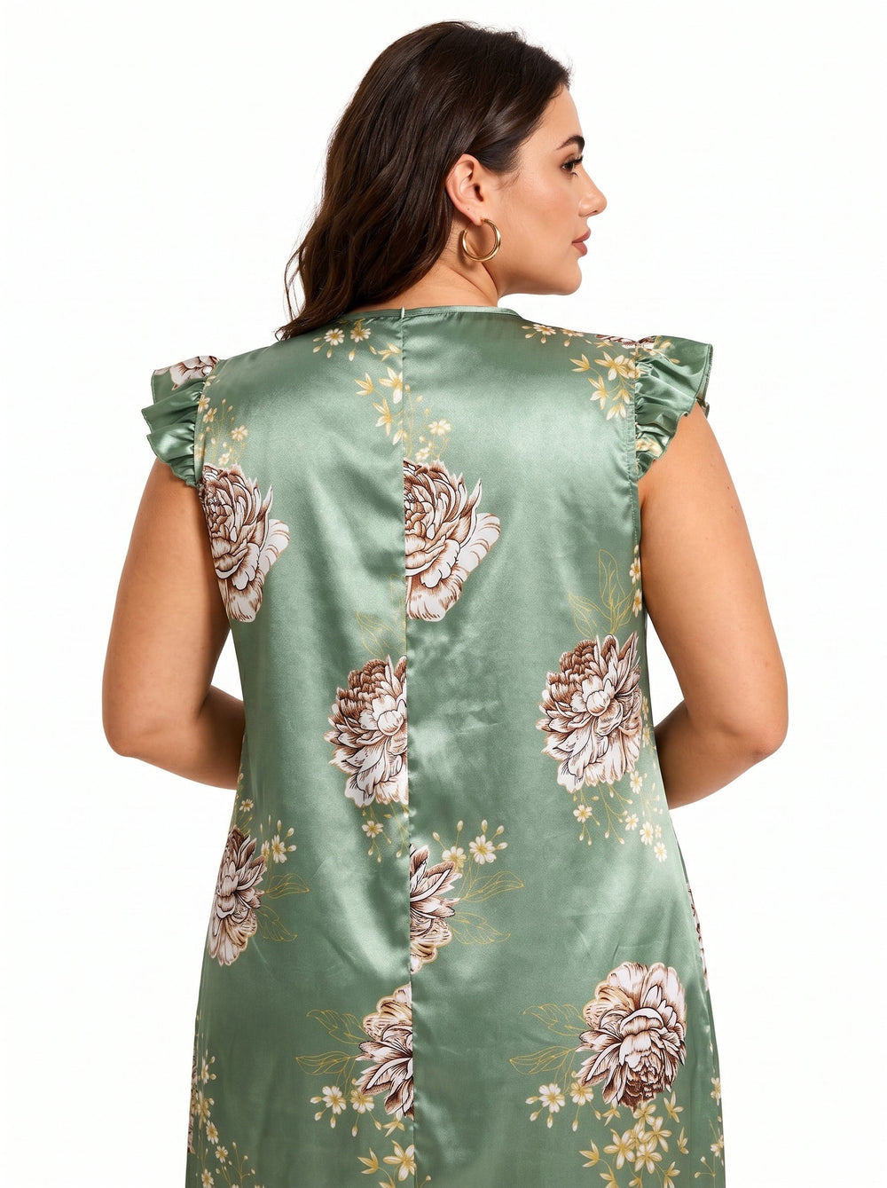 Floral print V-neck midi nightgown with lace trim and flutter sleeves - View 7 | TEVQA