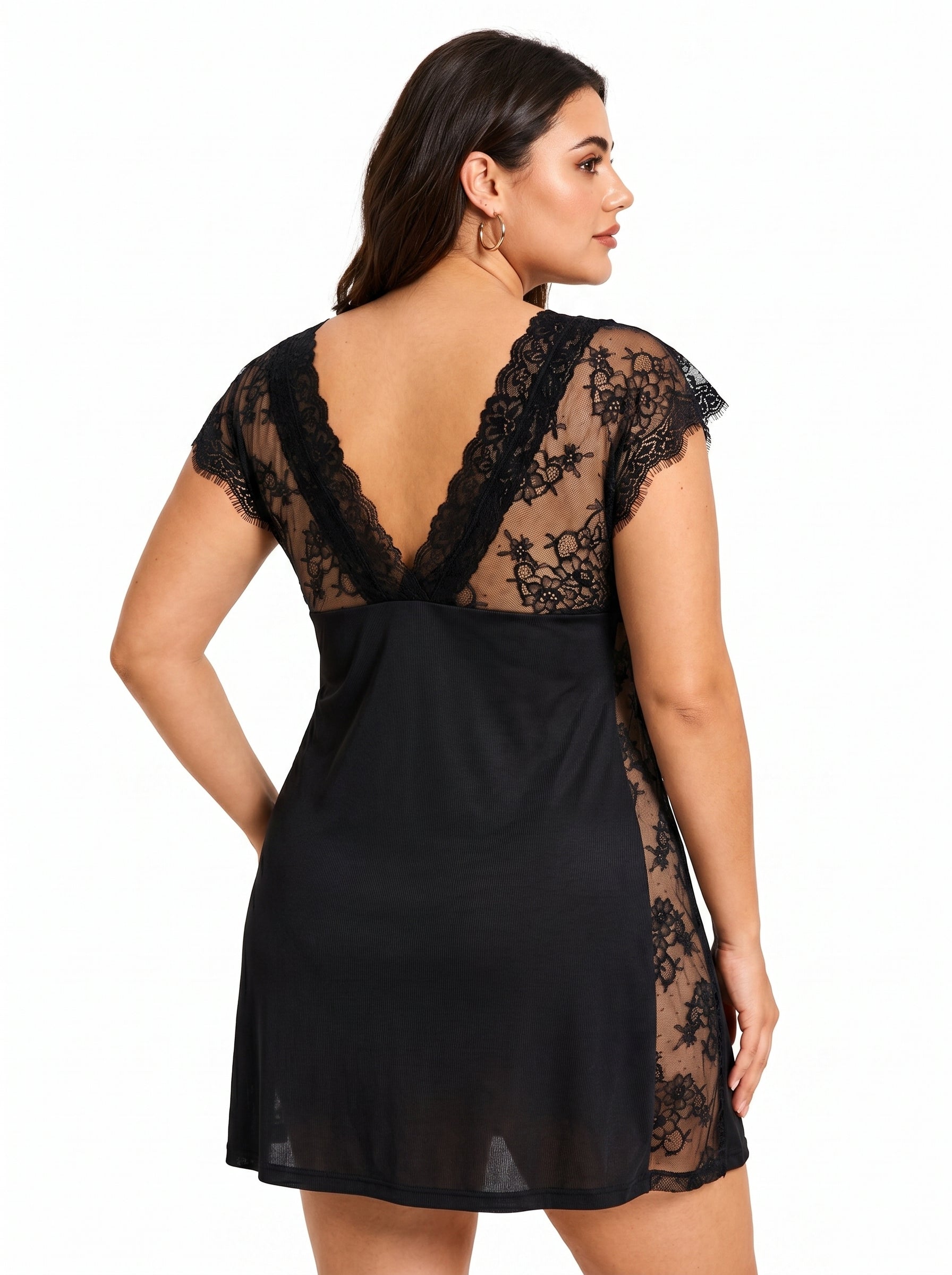 Women's black satin nightgown with V-neck and lace trim - View 7 | TEVQA