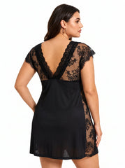 Women's black satin nightgown with V-neck and lace trim - View 7 | TEVQA