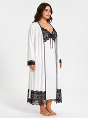Women's Satin Pajama Set with Lace Trim - View 7 | TEVQA