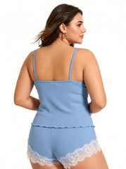 Light blue women's lace trim pajama set - View 7 | TEVQA