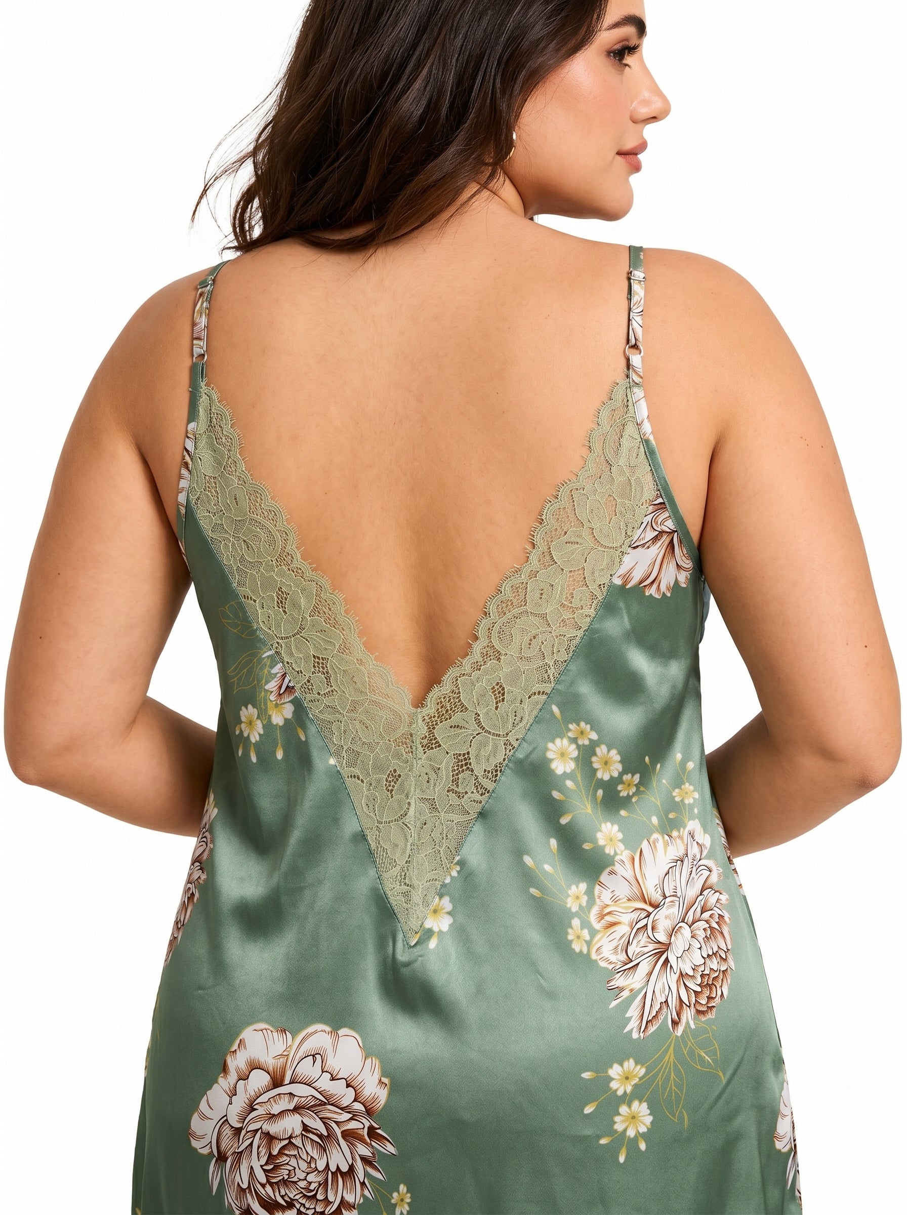 Women's green satin slip dress with floral print and V-neck - View 7 | TEVQA