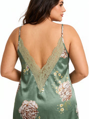 Women's green satin slip dress with floral print and V-neck - View 7 | TEVQA