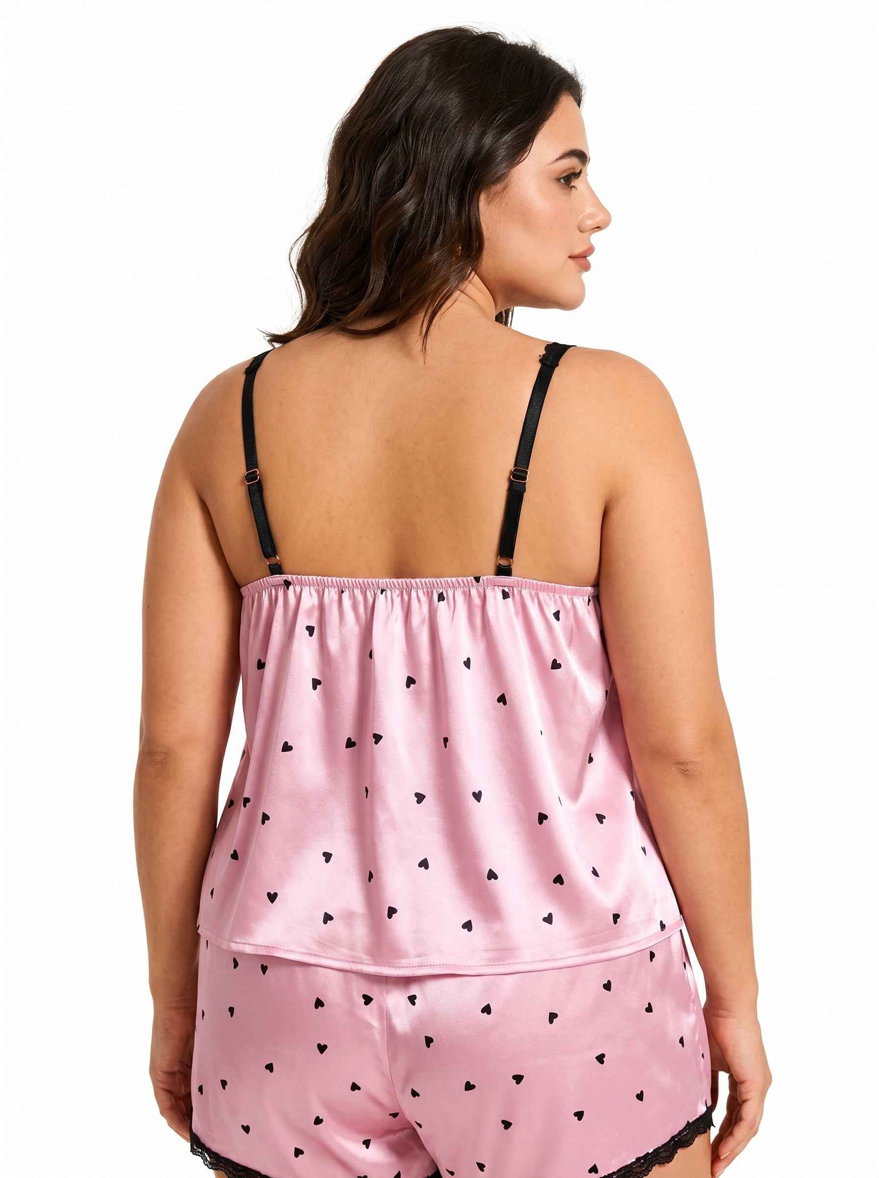 Pink satin cami and shorts pajama set with heart print and lace trim - View 7 | TEVQA