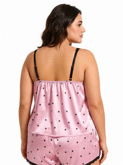 Pink satin cami and shorts pajama set with heart print and lace trim - View 7 | TEVQA