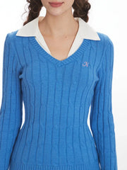 Cable knit sweater with faux layered collar - View 6 | TEVQA